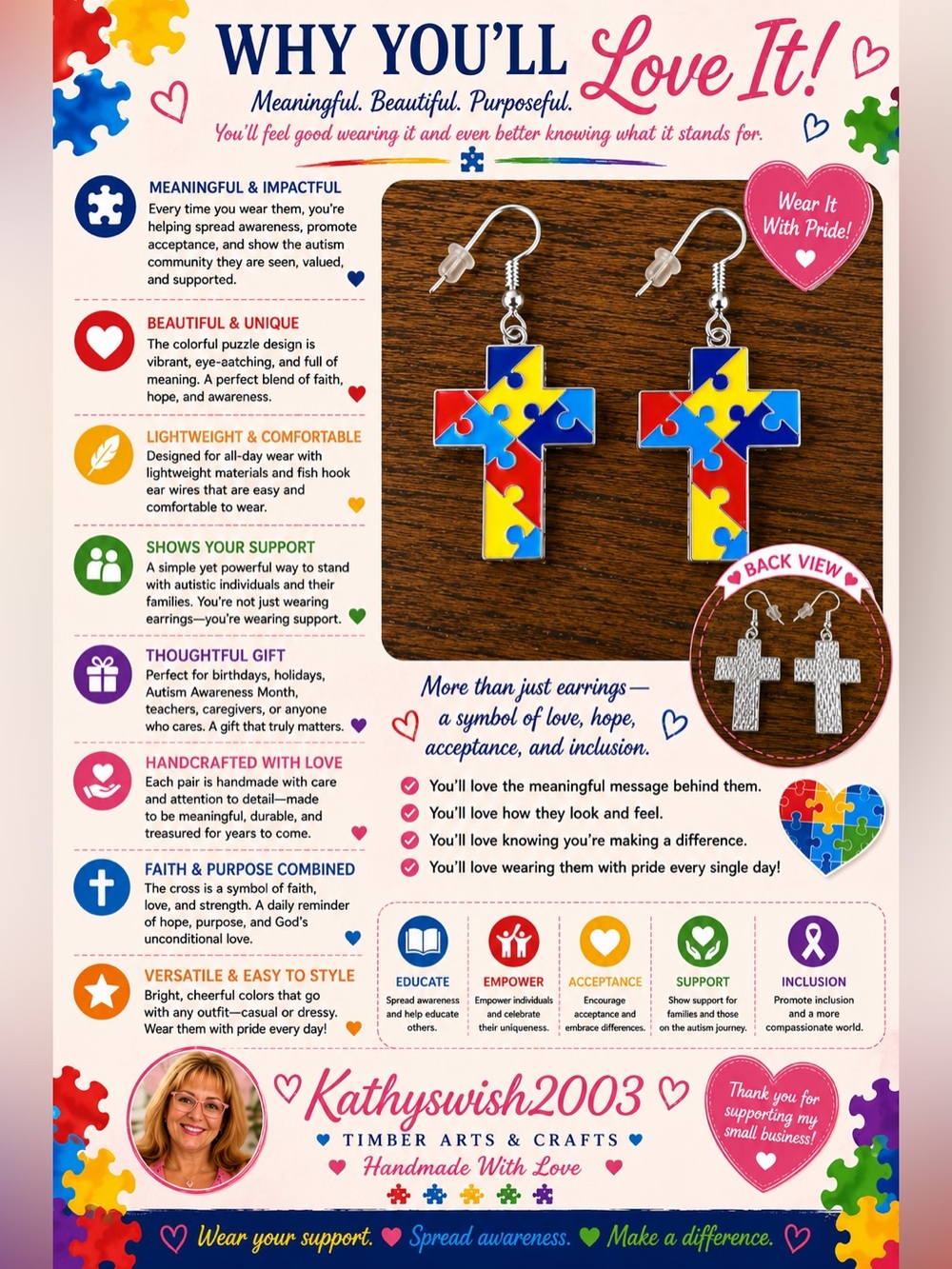 Autism Awareness Cross Puzzle Earrings - Picture 4 of 16